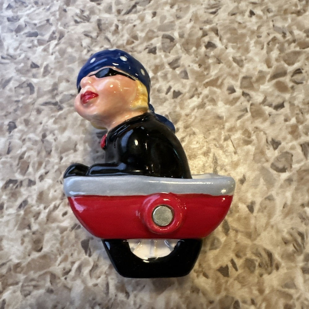 Ceramic Motorcycle Rider Salt/Pepper Shaker Set Red Wagon Blue Polka Dot Cap 1